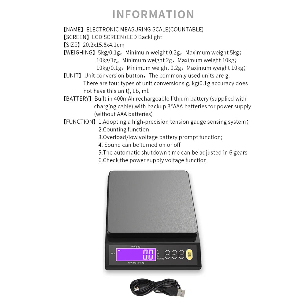 5KG 10KG Digital Scale Rechargeable Electric Scale 0.1G 1G Kitchen Scale Counting Tare Zeroing Auto Power off Unit Conversion