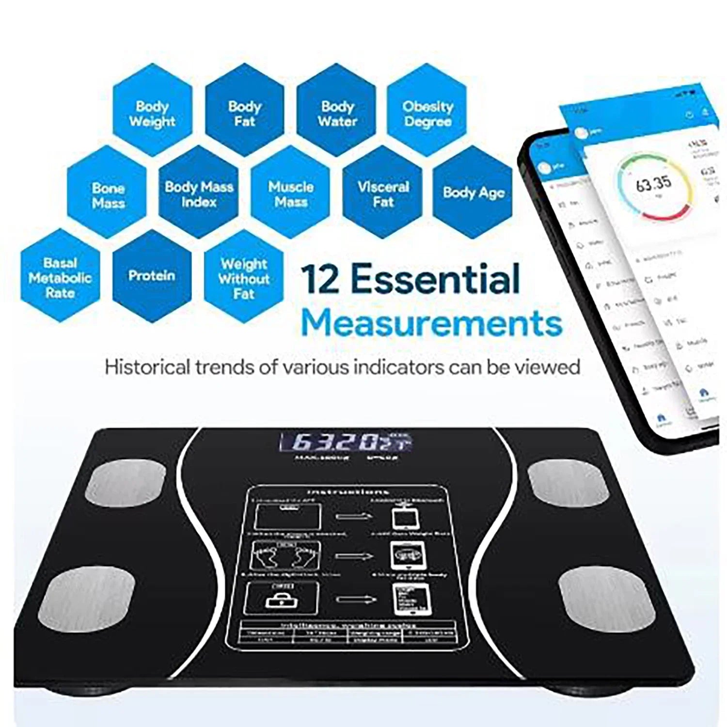 Smart Digital Bathroom Scale, Battery-Powered, Wireless, with Body Fat Monitoring for Home Use, for Women,Men
