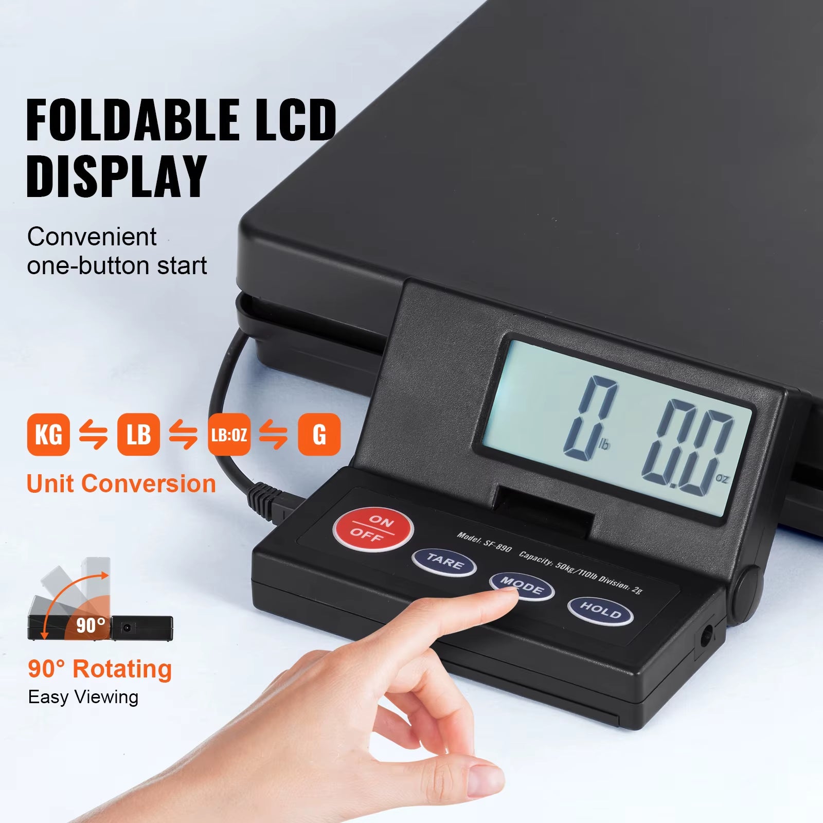 Succebuy 110 Lbs Digital Postal Shipping Scale with Timer 90° Foldable LCD Screen AC/DC Powered Package Scale for Laggage Home